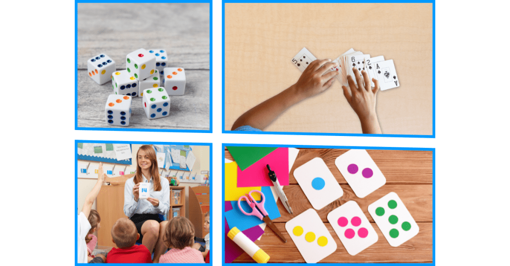 Dice, flash cards, and playing cards are items that you can use in the classroom to build math fluency. 